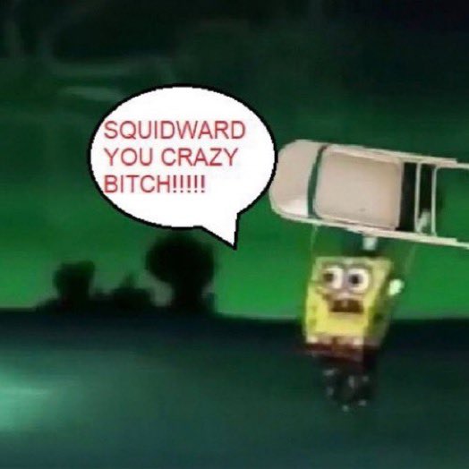 reactjpg's tweet image. spongebob walking into frame with a fold-up metal chair squidward you crazy bitch