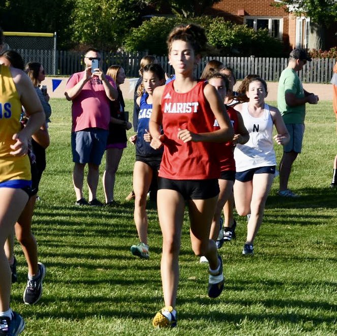 MaristGirlsXC's tweet photo. Junior Eileen Hosty and Senior Ava Mayer changed to the front of the JV race at Lyons on Saturday. Both ran season best times on the challenging 5K course. https://t.co/2CkRnOSOky