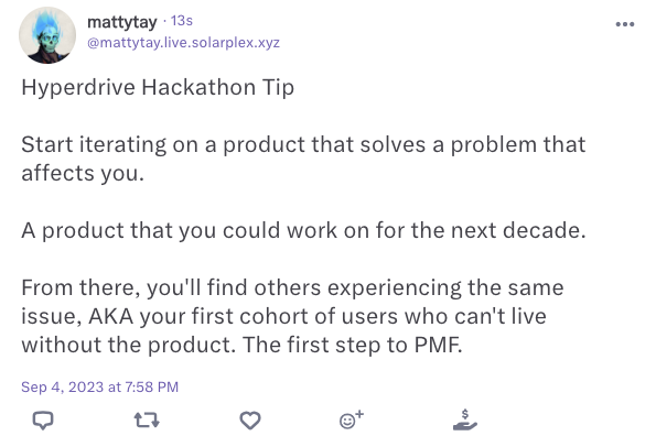 mattytay's tweet photo. A @Solana hackathon tip on @solarplex_xyz for budding crypto founders.

The Hyperdrive Hackathon kicks off on September 6.

Get notified at https://t.co/ubL3UtbFae https://t.co/gT5S3lSQCo