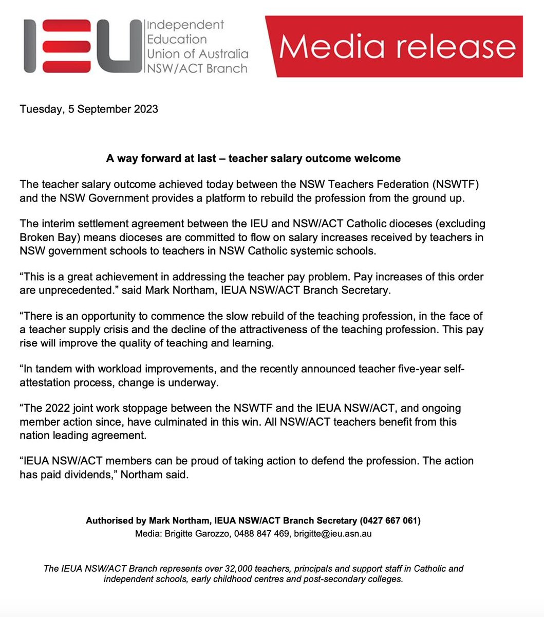 IEUNSWACT's tweet photo. MEDIA RELEASE ⚡️ A way forward at last – teacher salary outcome welcome

The teacher salary outcome achieved today between the NSW Teachers Federation (NSWTF) and the NSW Government provides a platform to rebuild the profession from the ground up.

https://t.co/C3N9pzGDZW https://t.co/fsqxOZ6V5f