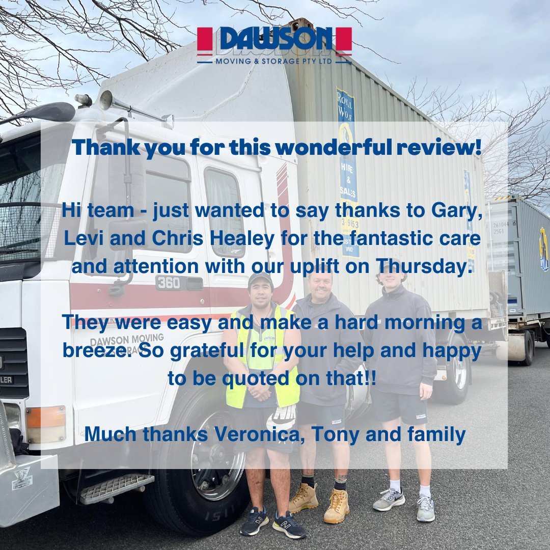 What a generous review to receive! We will be sure to pass along your thanks to the boys!💙 ❤️️
.
📱 @dawsonmovingandstorage
📞 03 9763 0222
 
#Dawson #DawsonMovingandStorage #FurnitureMovers #LocalMovers #InterstateMovers #StorageSolutions #SelfStorage #5Stars #PositiveRe ...