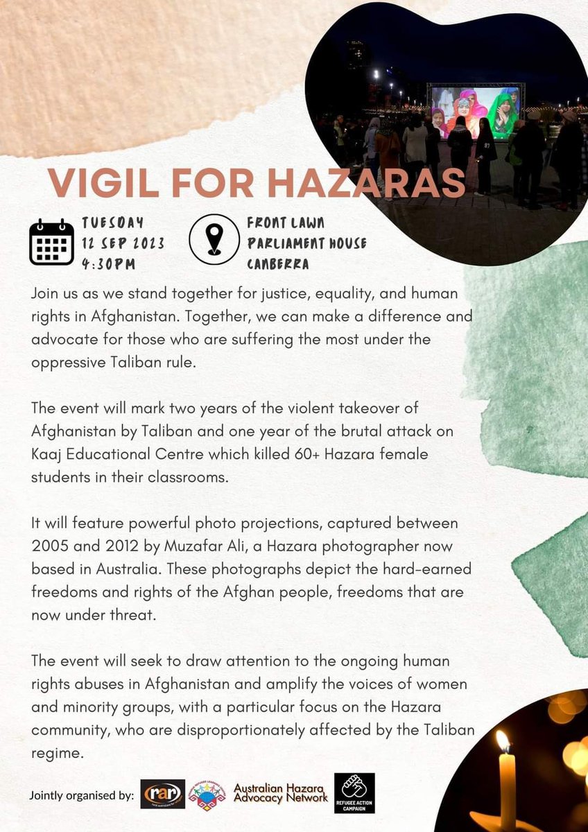 Friends in Canberra & Sydney please join us next Tuesday at 4:30 at the Lawn of Parliament House for the anniversary of attack on Kaaj Education Centre which brutally killed 60+ young Hazara students