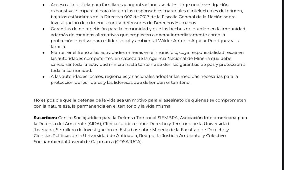 Manifestamos nuestro rechazo contundente al asesinato de Ferney Aguilar González en el municipio de Falan, Tolima. ¡No más asesinatos por defender el territorio del extractivismo! Hacemos un llamado al Gobierno y a las autoridades competentes a tomar medidas inmediatas