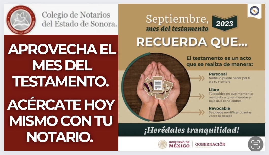 notariossonora's tweet photo. 📌 Sabias que el Testamento es un acto Personal, Libre y Revocable ?
🔖 Aprovecha Septiembre “Mes del Testamento” con esta información.
📃 Agenda una cita con tu Notario más cercano y hereda tranquilidad a tus seres queridos. 
📜#NotariosSonora #NotariosdeSonora
#MesdelTestamento https://t.co/mZQkzt6OPG