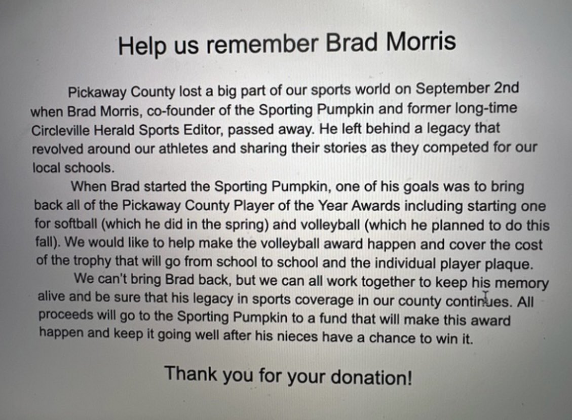 Circleville VBall (@chstigervball) on Twitter photo As most of you know, Brad Morris, everyone’s favorite sports guy, passed away.
Please consider donating to help us honor him and share away.
<a href="/Athletics_CV/">Circleville Athletics</a> <a href="/CirclevilleCity/">Circleville City Schools</a> As most of you know, Brad Morris, everyone’s favorite sports guy, passed away.
Please consider donating to help us honor him and share away.
<a href="/Athletics_CV/">Circleville Athletics</a> <a href="/CirclevilleCity/">Circleville City Schools</a>