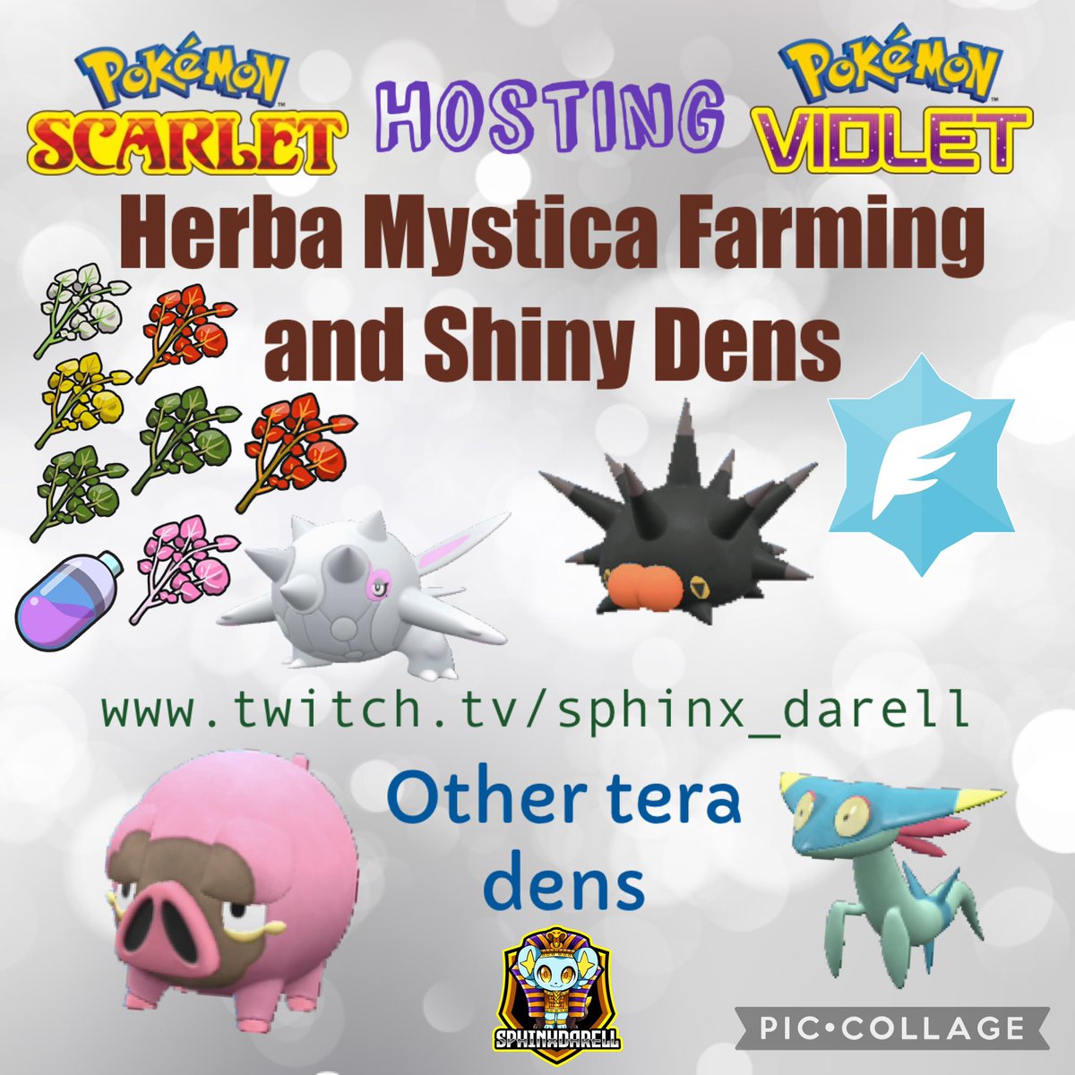 SphinxDarell's tweet photo. HOSTING Shiny TERA RAID DENS #Pokemon #shiny #PokemonScarletandviolet #ShinyPokemon  #PokemonScarletViolet #PokemonScarlet #PokemonViolet #Nintendo 

HERBA MYSTICA FARMING and Shiny Pokemon Tera Dens

ENJOY and HAVE FUN! 
https://t.co/dO3XjVFe1o https://t.co/jvIxTpyLrZ