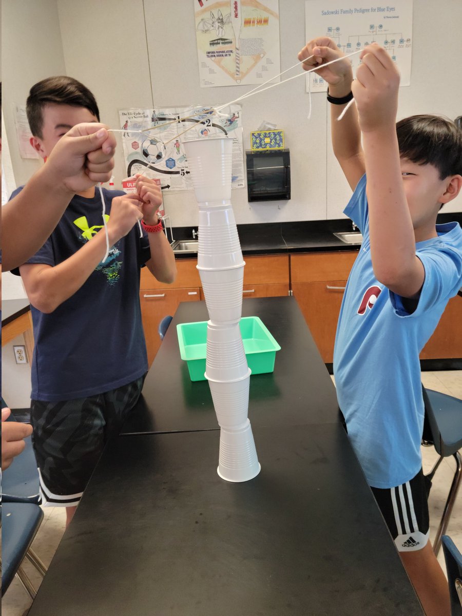 WeningerMrs's tweet photo. My 7th graders started off the year with the "cup stacking"  STEM challenge. Kids worked on  team building, collaboration, and communication while stacking cups using only a rubber band and string. #WissLearns #PAECT #KTI https://t.co/HbNLSmetRS