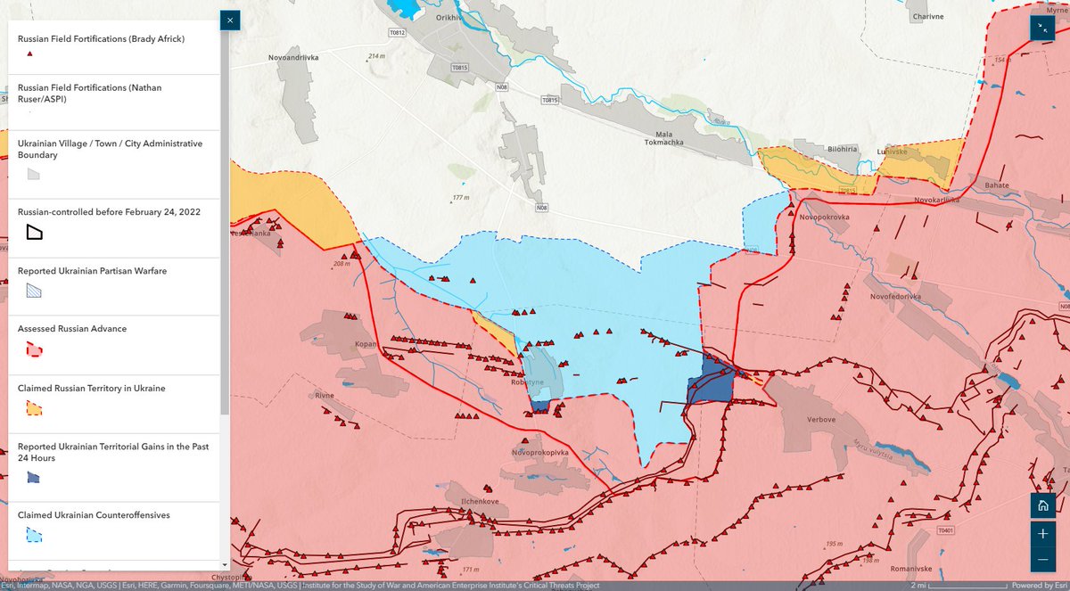 TheStudyofWar's tweet photo. NEW: #Ukrainian light infantry has advanced beyond anti-tank ditches and dragon’s teeth anti-tank obstacles that comprise the current RU defensive layer ahead of the UKR advance in western #Zaporizhia, and UKR forces likely intend to hold those positions.🧵https://t.co/WYHWCm1pQh https://t.co/bVNXEmnbme