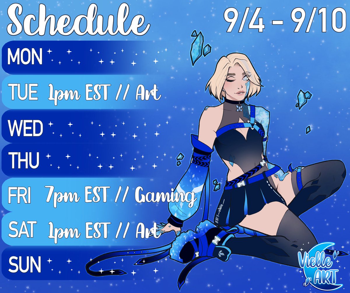 __vielleVT's tweet photo. 💎9/4 - 9/10💎

This one is a little late since I just got home from being away for the holiday!
Tuesday &amp;  Saturday we’ll be back on the art grind!
Friday will be some Stellaris! @IgnisEternus is gonna carry my butt to victory!!

See you there~ https://t.co/flz2ZObYLU