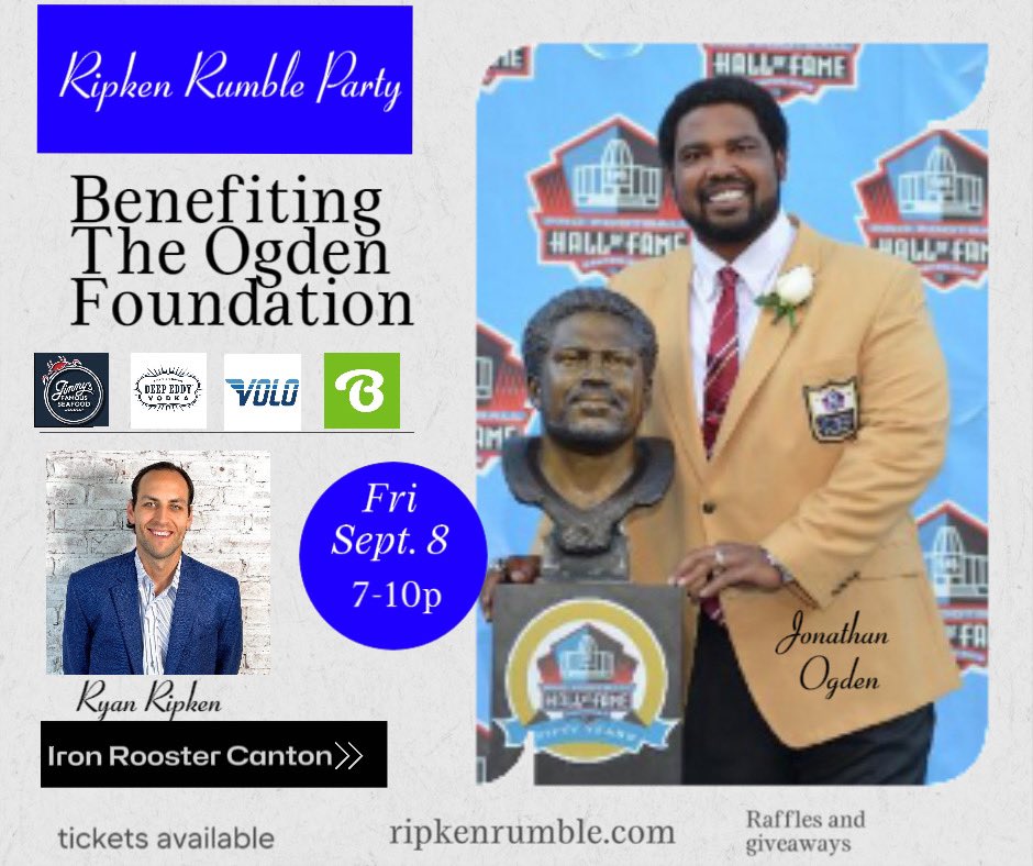 Looking for something to do this Fri?? Join NFL Hall of Famer Jonathan Ogden and Ryan Ripken for a night of fun benefiting The Ogden Foundation! Sponsors include @JimmysSeafood @DeepEddyVodka @playvolo @mybenebone Raffles and giveaways all night! Tix ripkenrumble.com