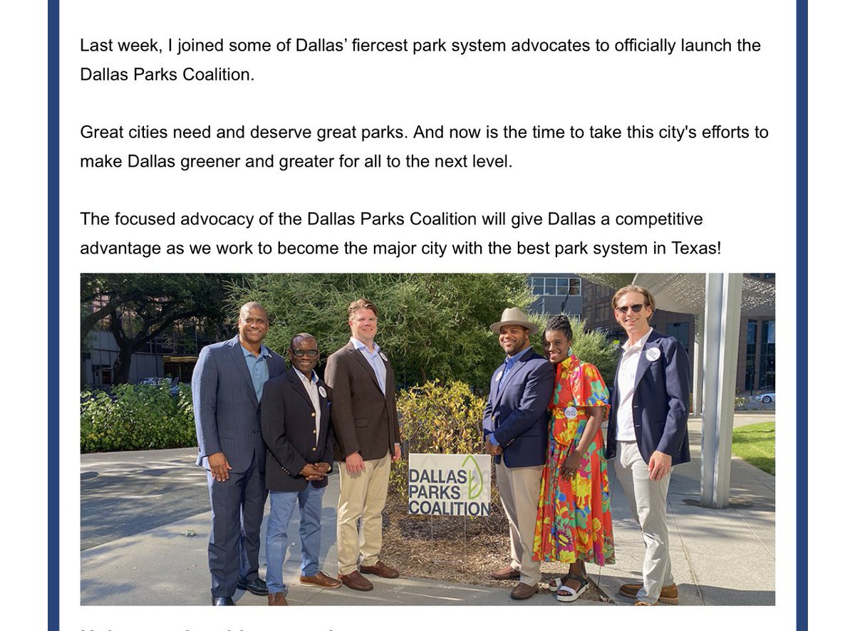 “Great cities need and deserve great parks. And now is the time to take this city's efforts to make <a href="/CityOfDallas/">City of Dallas</a>  greener and greater for all to the next level.” <a href="/DallasMayor/">Office of Mayor Eric L. Johnson</a> <a href="/Johnson4Dallas/">Mayor Eric L. Johnson</a> <a href="/DallasParkRec/">Dallas Park and Recreation Department</a>