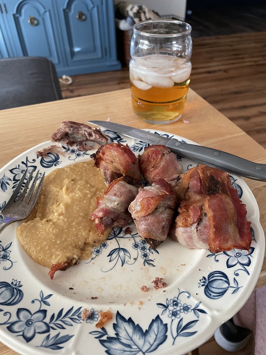 prranch's tweet photo. Burn ban is in effect, so no grilled dove - but roasted in the oven and finished with the broiler was pretty dang good. And the wife broke out some cheddar and gouda grits that were fantastic. https://t.co/krjdRf9nv2