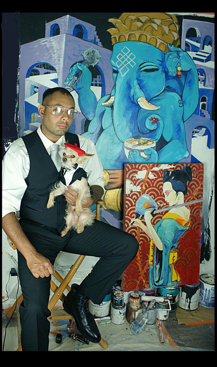 Just a birthday boy, his art and samurai road dog.