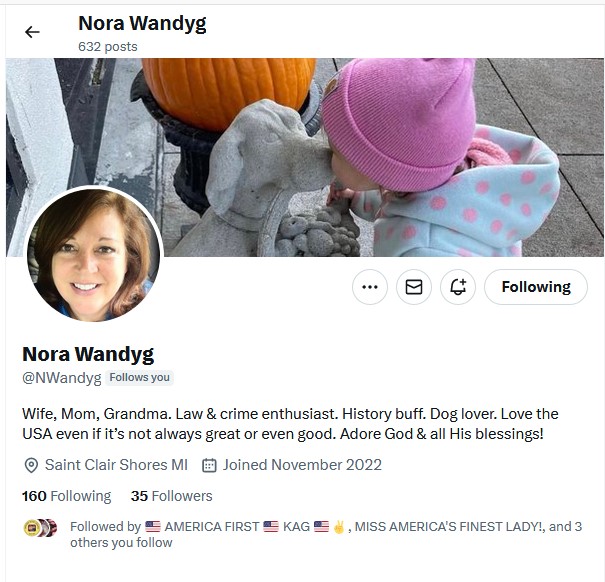 THIS IS NORA WANDYG @NWandyg !! SHE HAS 35 FRIENDS ON HERE!! CAN WE GET THIS PATRIOT AT LEAST 100 MORE FRIENDS!! SHE FOLLOWS BACK!!