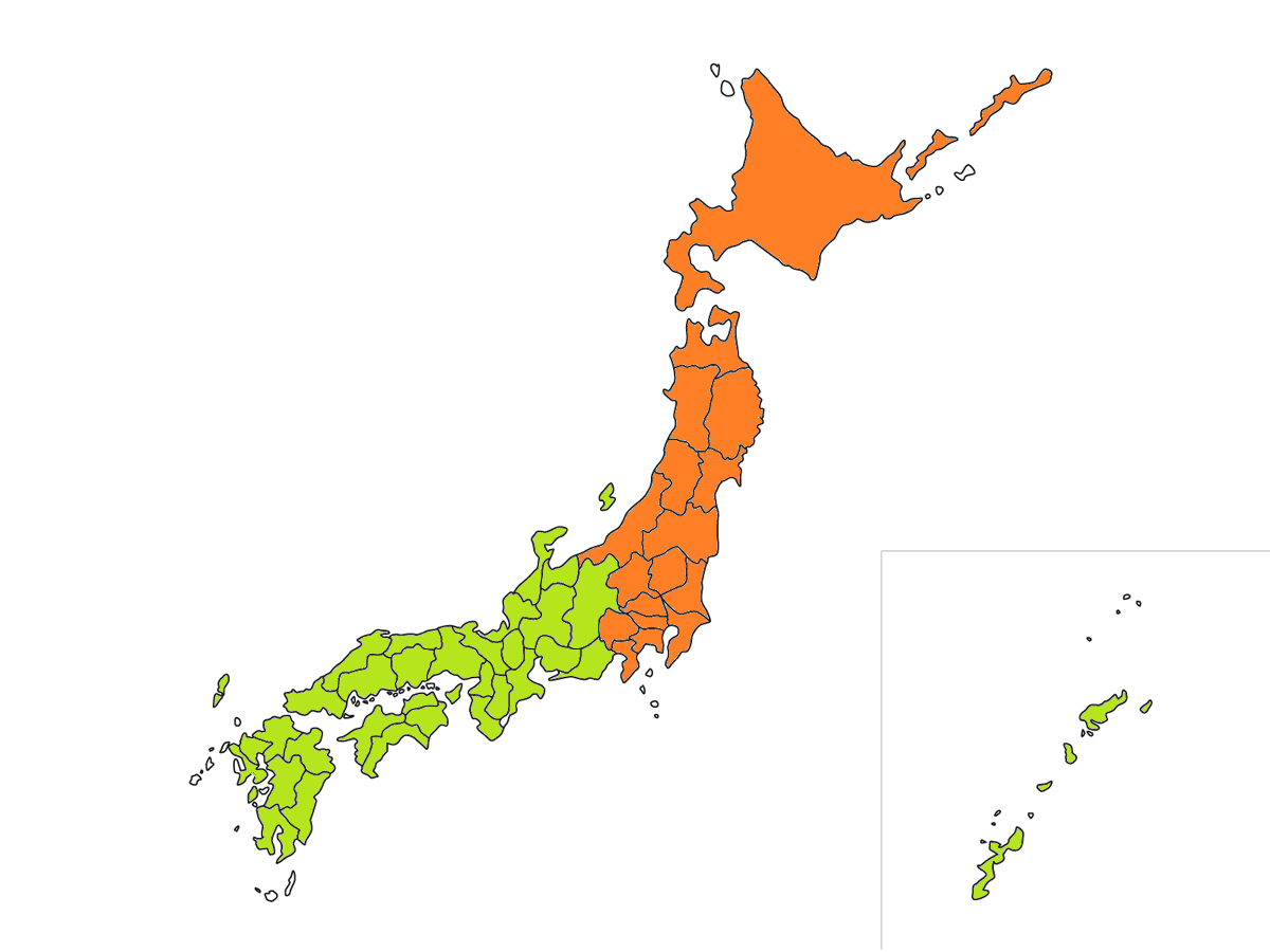 mytakex's tweet photo. フリッカーについて
大雑把に

蛍光灯などの下で動画撮影するとき
西日本緑地域はシャッタースピード60、120（60の倍数）
東日本のオレンジは50、100（50の倍数）
で撮らないとチカチカ映像が乱れるって奴です

先日東京での撮影時「あ、フリッカー出てる」
と普段緑の地域で撮影する事が多く、設定が60になってたので出てました（REC前に変更）

たまにyoutube等でがっつりフリッカー出てる動画もあるので注意ですね

編集ソフトで直す機能もありますが綺麗にならない事が多い

蛍光灯によって出たり出なかったり、早送りしたら目立つとか特定の条件で出たり厄介