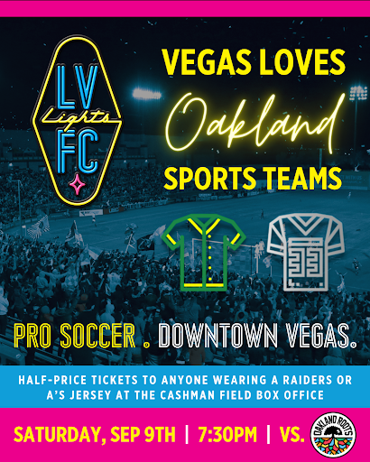 lvlightsfc's tweet photo. Las Vegas’ warm welcome to all Oakland sports teams continues as we celebrate “Vegas Loves Oakland Sports Teams” this Saturday night.

Wear a Raiders or A’s jersey and receive a 50% discount on your match ticket by purchasing it at our box office on gameday. #VivaLights ⚽️🎉 https://t.co/MDhT1iGkbS