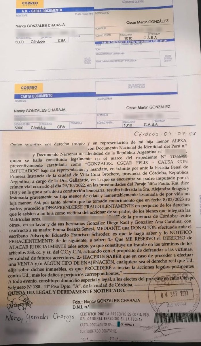andyferreyra's tweet photo. 🔴Causa Oscar González: la mamá de Alexa, adolescente que resultó parapléjica tras el choque fatal, envió cartas documentos a la expareja y a los tres hijos del legislador para notificarles que está al tanto de la maniobra de transferencia de 7 inmuebles que hicieron el 08FEB2023 https://t.co/nU7HhoZs7i