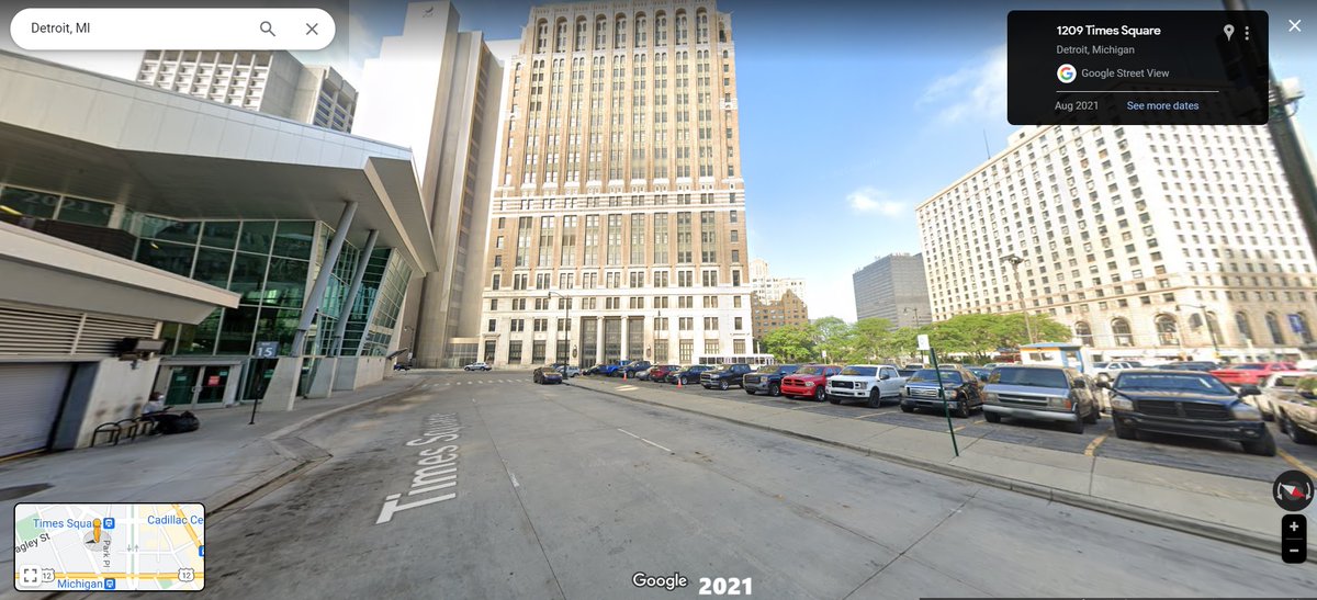 DetroitStreetVu's tweet photo. #Detroit, State St & Cass, 1962-2021. The Rosa Parks Transit Center sits on the spot where this photo was taken, as well as West Park to the right. The AT&T Building is seen directly behind the bus, while the 1929 art deco Detroit Times Building stood across the park at right. The city had three major newspapers until one day in November 1960, when workers showed up to locked doors. The paper had been taken over by rival Detroit News, who lacked the decency to allow for Times workers to say their goodbyes. The triangular Times building was then used for printing by the News until 1975. It was razed in 1978 for parking, a shameless architectural demolition. The structure is hard to see in the 1949 aerial, but the last photo shows what was lost.