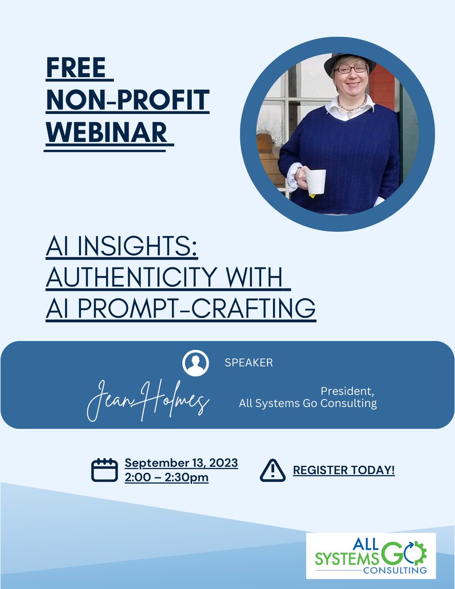 AllSystemsGo_J's tweet photo. #nonprofit friends, register today for this free webinar!
https://t.co/umCj9XTD2M
#AI #artificialintelligence #promptcrafting https://t.co/r4vEFjD0zM