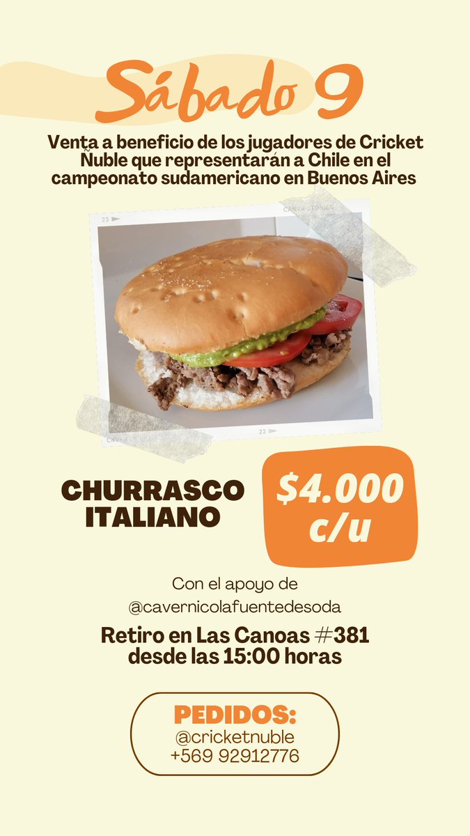 Con los chicos de <a href="/CricketNuble/">Cricket Ñuble</a> estaremos vendiendo churrascos italianos bueniiisimos este sábado 😋

Aprovechen de ir encargando el suyo y apoyar a los deportistas locales ❤️

#Chillán #ChillánViejo #Ñuble
