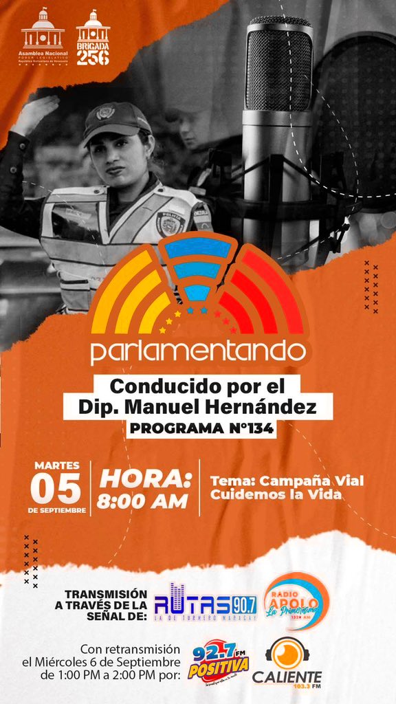 #4Sep Los invito a sintonizar este #5Sep, nuestro programa 134 de #Parlamentando, un espacio comunicacional que nos ha permitido conectarnos directamente con el Poder Popular. Mañana estaremos hablando sobre la campaña vial #CuidemosLaVida. ¡Sintonicen por el dial de <a href="/RutasFM/">Rutas 90.7 FM</a> a