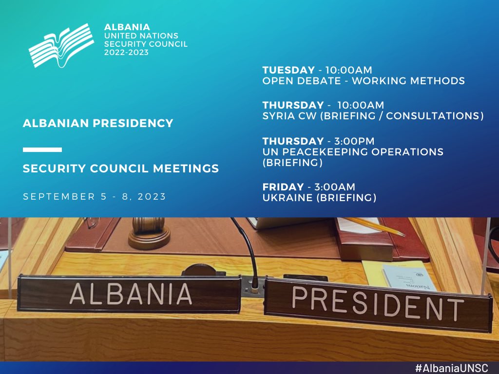 AlMissionUN's tweet image. This week in the #SecurityCouncil:

🔹#WorkingMethods
🔹#Syria - Chemical Weapons
🔹#UNPeacekeepingOperations
🔹#Ukraine

For updates, visit #AlbaniaUNSC🇦🇱 PoW of the #UNSC for September 👉 ambasadat.gov.al/united-nations…