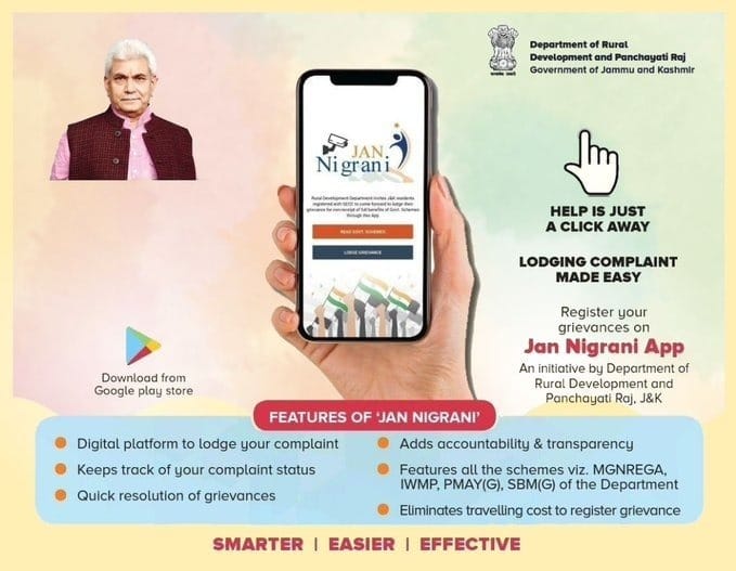 kamranajaz9's tweet photo. #BhrashtacharMuktJK
Register your grievances effortlessly with #JanNigrani Aap, an initiative by the Department of Rural Development and Panchayat Raj. From MNREGA to PMAY(G), it covers all major schemes.
#SayYesToDigital
@OfficeOfLGJandK https://t.co/ygakuX3Tlx