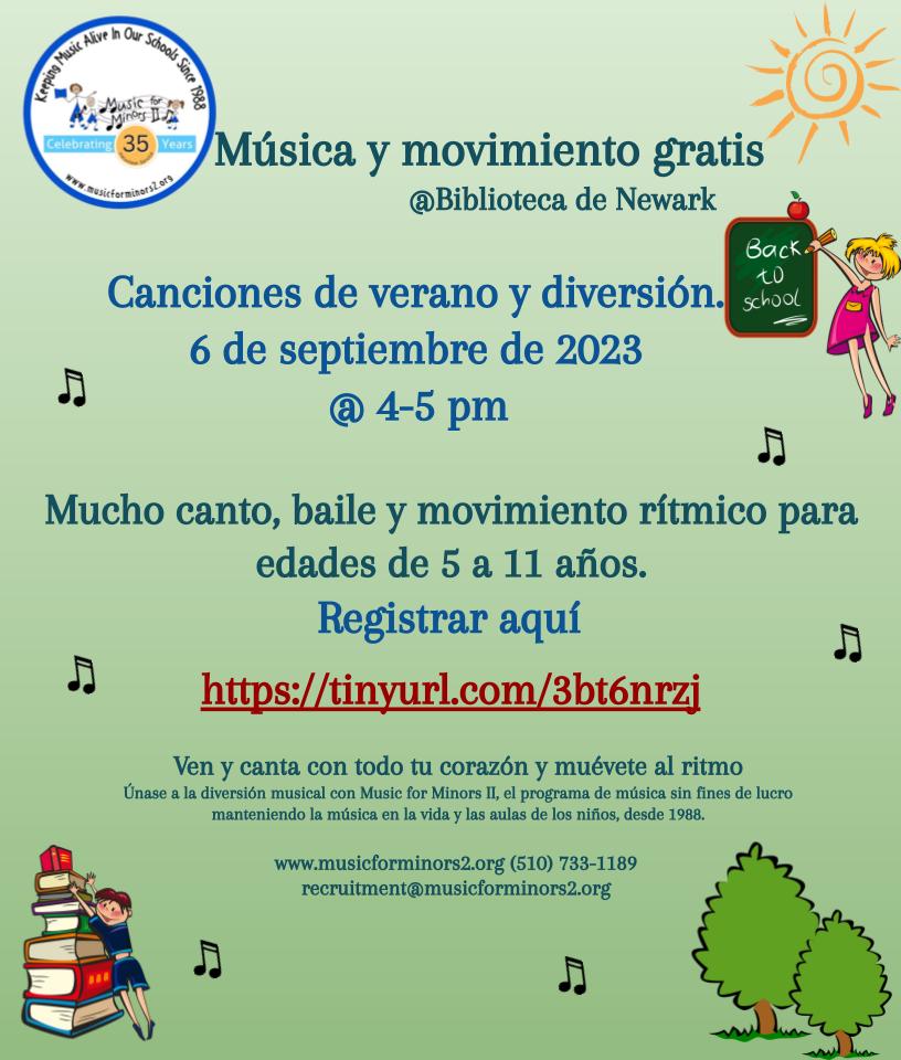 MFMII_ORG's tweet photo. 🎵 Join us for an interactive session of Music &amp; Movement Time for Kids (5-11 years old) on Sep. 6, 2023, 4-5 pm, at Newark Library. Sign up here https://t.co/6poEYTTovq or email: recruitment@musicforminors2.org https://t.co/8eeKdl4mTC