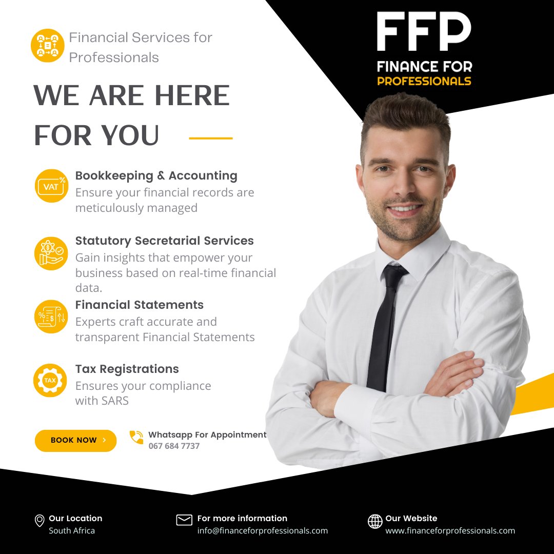 FinanceforProSA's tweet photo. 🏦 Simplify financial complexity! From accurate SARS Income Tax Returns to optimized Fixed Asset Management and meticulous Bookkeeping &amp; Accounting – we're your trusted partners. Let's make your financial journey smoother. #FinanceForProfessionals #FinancialSimplicity https://t.co/X2c4jjGDOz