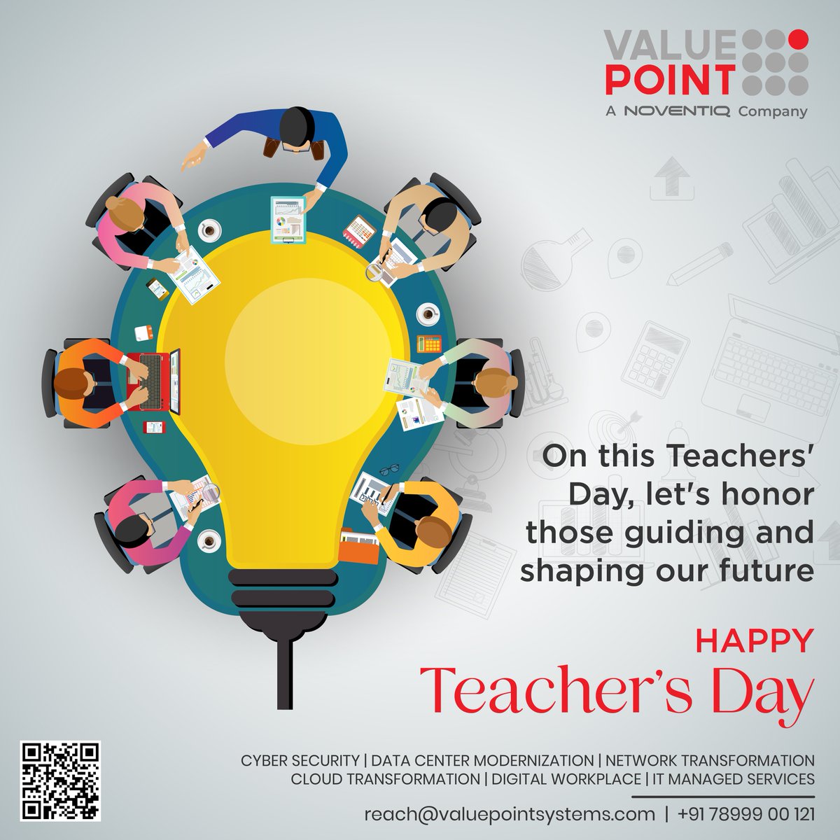 valuepointsys's tweet image. On this special day, we celebrate and appreciate all educators whose hard work and dedication goes into shaping the minds of the next generation. Value Point Systems, a Noventiq Company wishes you all a 👩🏻‍🏫
Happy Teachers Day 🌟📚
#teachersday  #learning #valuepointsystems