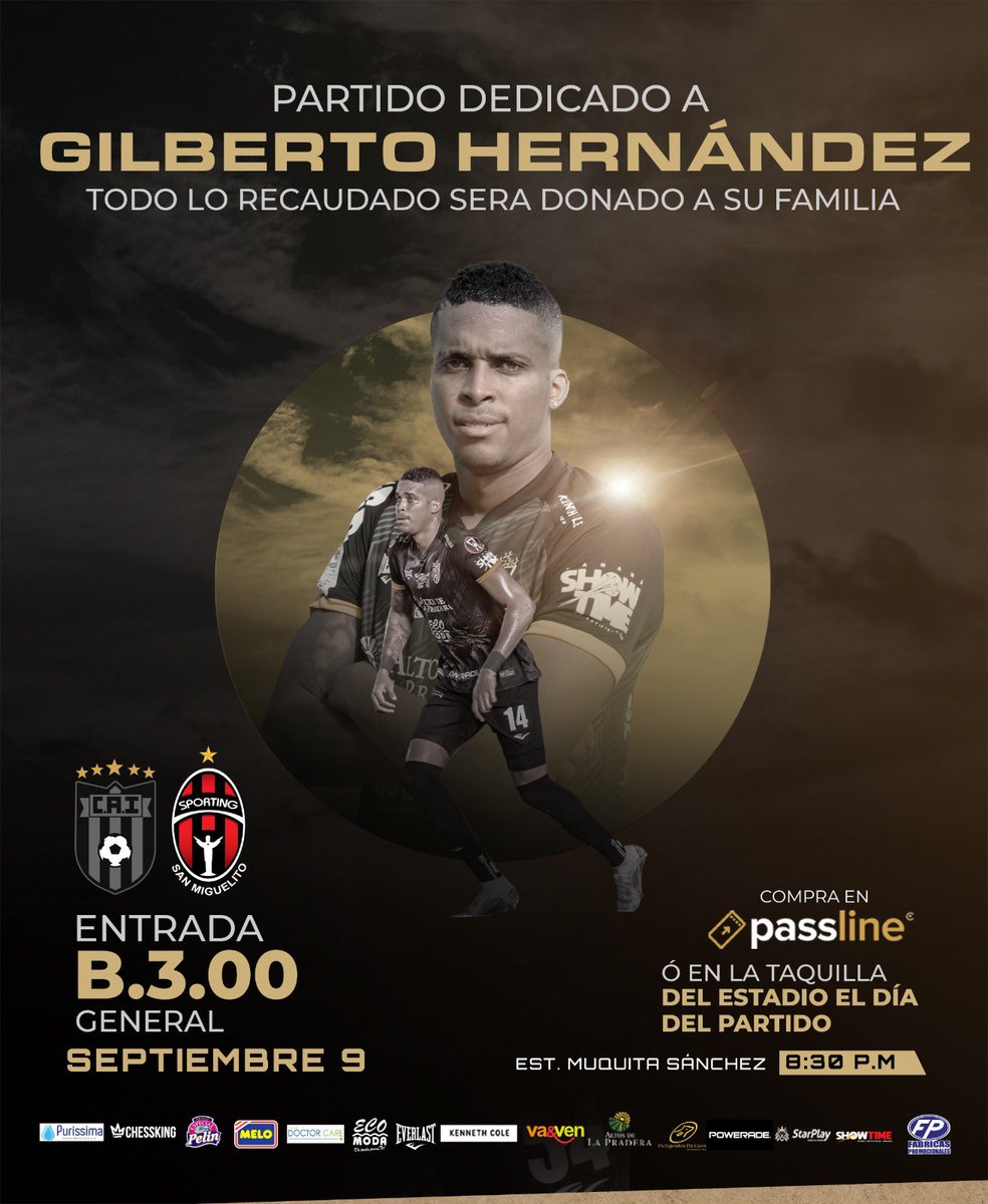¡EN TU NOMBRE 🕊️🖤💛!

Partido especial para nuestra institución. Le dedicaremos el compromiso del día sábado a nuestro Eterno #14 Gilberto Hernández. Todo lo recaudado será donado a su familia. 

Descansa en Paz por siempre Bicampeón. 🕊️

#EstoEsCAI