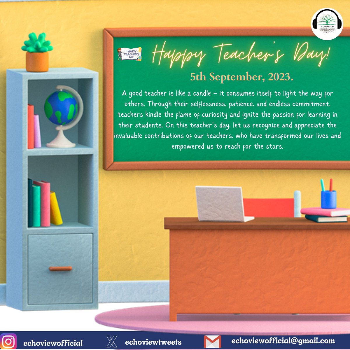 echoviewtweets's tweet photo. Today, on this special occasion of Teacher's Day, the Echoview Society extends its heartfelt gratitude and warm wishes to all teachers who have dedicated their lives to shaping minds and nurturing dreams. 
#teachersday #echoviewsociety #gratitude #thankyou #knowledge #education. https://t.co/Gzk9bc5XaI