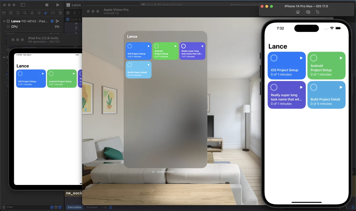 The same app, running on an iPad, iPhone, and Apple visionOS simulator.
