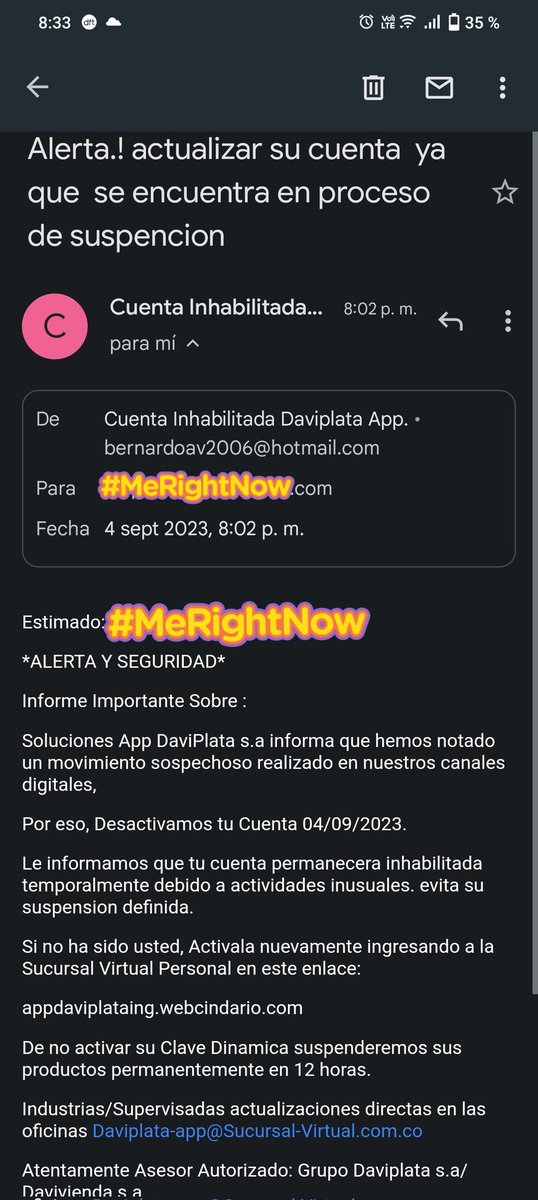 pip3mr's tweet photo. @DaviPlata miren el mail que recibo como cliente de su app, prevengan el fraude financiero. @SFCsupervisor . https://t.co/CLQNL6KhEi