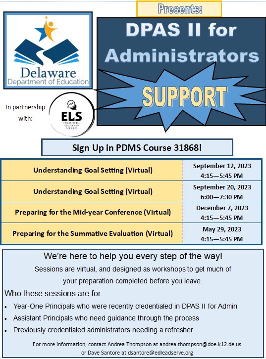 dsantore1's tweet photo. Need help with setting DPAS II for Administrator goals?  ELS can help!   Virtual sessions on September 12 (4:30 pm) and September 20 (6:00 PM).  @DrAndreaThomps1 @DEDeptofEd https://t.co/IDGWozWb8W