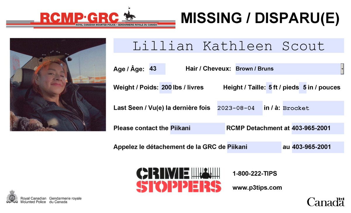 #Missing:Lillian Kathleen Scout, 43, #Brocket #PiikaniNation.

Lillian was last seen in the Brocket area on approximately August 4, 2023.

Lillian may be in the Calgary area.