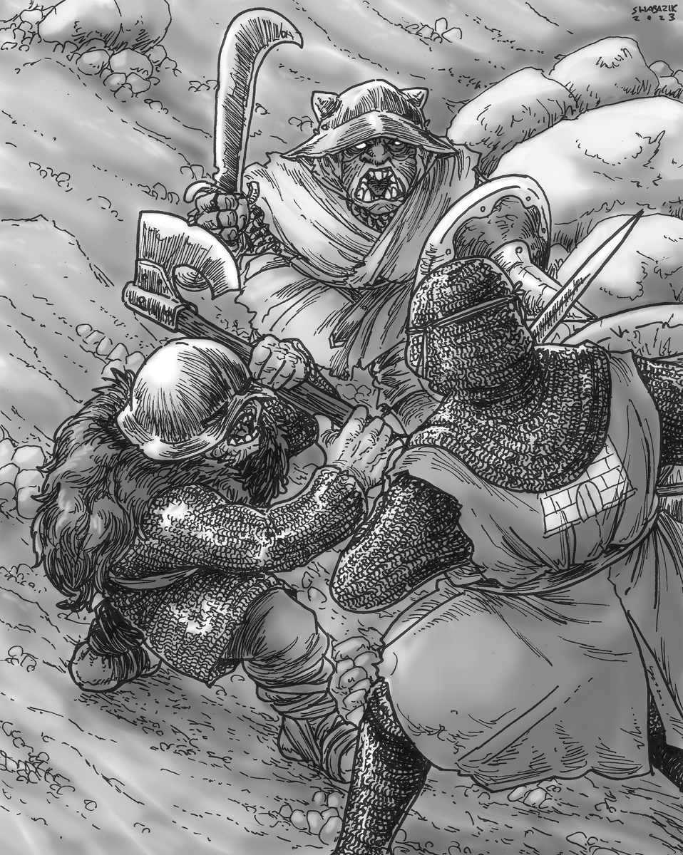 shabazik's tweet photo. A clash in the mountains, between a human #knight and #orcs from the tribes of the highlands.

#fantasy #drawing #battle #clash #combat https://t.co/Y8baWGxGLv