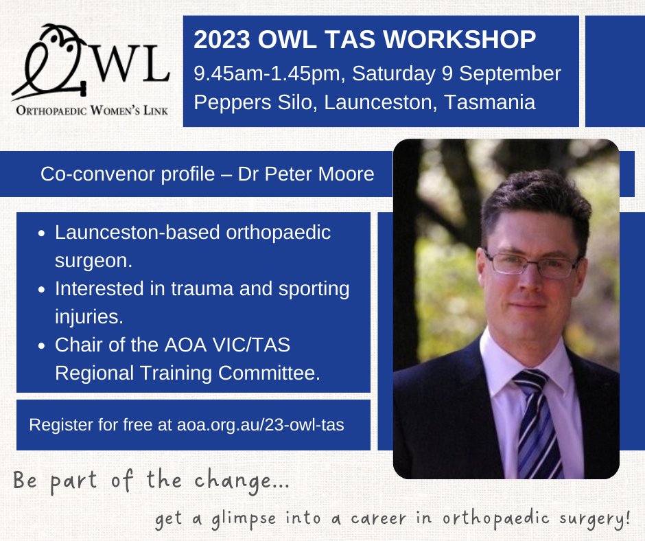 AOA_ortho's tweet photo. Introducing the second of our co-convenors for the TAS #AOAOWL workshop, Dr Peter Moore. Peter is based in Launceston, with an interest in trauma and sporting injuries of the shoulder, knee, and ankle. Register for the workshop this Saturday at https://t.co/1og2lTb5Xu https://t.co/4Ye1OIQK2z