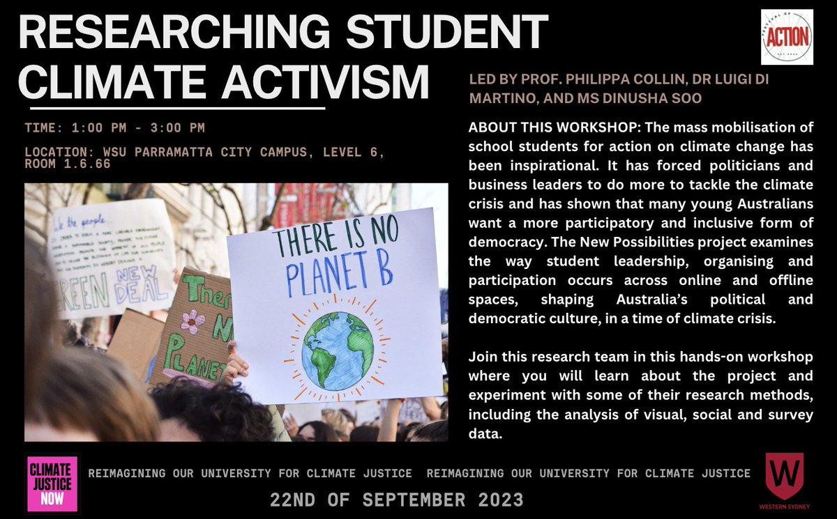 📢 CLIMATE JUSTICE NOW! 'Researching Student Climate Activism' led by our favourite experts. Get ready to explore #studentclimateactivism shaping Australia’s political and democratic culture in a time of #climatecrisis. Register your participation: eventbrite.com.au/e/climate-just…