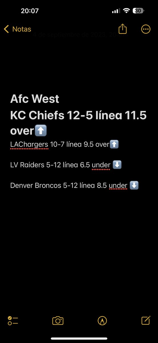 Ludopata6's tweet photo. Predicciones de récord para AFC West con línea de victorias 💵
#FreePicks #sportsbettingpicks 
 #NFL #ChiefsKingdom  #BoltUp  #BroncosCountry  #RaiderNation https://t.co/65uk9pGky7