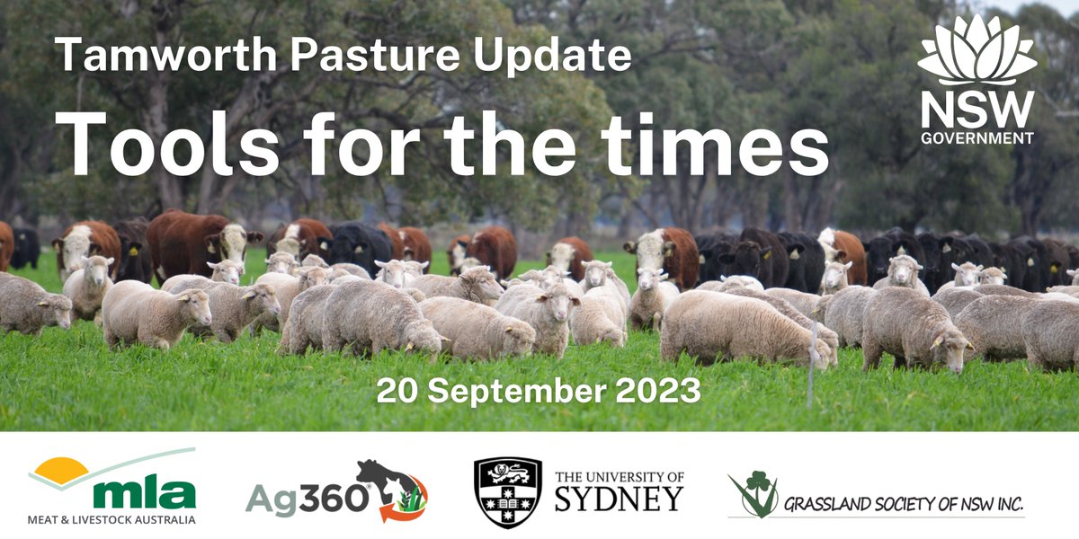 NSW Pastures (@nswdpi_pastures) on Twitter photo Come here the latest on pasture and livestock research at the Tamworth Agricultural Institute.
When: 9am - 1 pm, Wed 20 Sep
Find out more 👇
events.humanitix.com/tools-for-the-…
@DPI_Livestock @NSWDPI_AgWater @nswdpi <a href="/meatlivestock/">Meat & Livestock Australia</a> <a href="/NorthWestLLS/">North West LLS</a> <a href="/SuzBoschma/">Suzanne Boschma</a> Come here the latest on pasture and livestock research at the Tamworth Agricultural Institute.
When: 9am - 1 pm, Wed 20 Sep
Find out more 👇
events.humanitix.com/tools-for-the-…
@DPI_Livestock @NSWDPI_AgWater @nswdpi <a href="/meatlivestock/">Meat & Livestock Australia</a> <a href="/NorthWestLLS/">North West LLS</a> <a href="/SuzBoschma/">Suzanne Boschma</a>