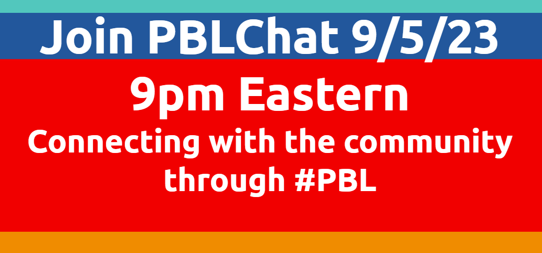 @ChrisGibsonEdu (@chrisgibsonedu) on Twitter photo How can #PBL connect students to the community? Join #PBLChat on Tuesday 9/5 at 9:00 pm Eastern to share your thoughts!
<a href="/PBLMatters/">PBLMatters</a> @paulenderle <a href="/SethiDeClercq/">Sethi De Clercq</a> <a href="/saintfester/">James Fester M.Ed</a> @barkerfinckcrew <a href="/daniel_v_costa/">Danny Costa</a> <a href="/MrEhRon/">Aaron Warner</a> @mrtubach <a href="/Baileyg1Terri/">Terri Gauthier</a> <a href="/emily_velichka/">Emily Velichka</a> How can #PBL connect students to the community? Join #PBLChat on Tuesday 9/5 at 9:00 pm Eastern to share your thoughts!
<a href="/PBLMatters/">PBLMatters</a> @paulenderle <a href="/SethiDeClercq/">Sethi De Clercq</a> <a href="/saintfester/">James Fester M.Ed</a> @barkerfinckcrew <a href="/daniel_v_costa/">Danny Costa</a> <a href="/MrEhRon/">Aaron Warner</a> @mrtubach <a href="/Baileyg1Terri/">Terri Gauthier</a> <a href="/emily_velichka/">Emily Velichka</a>