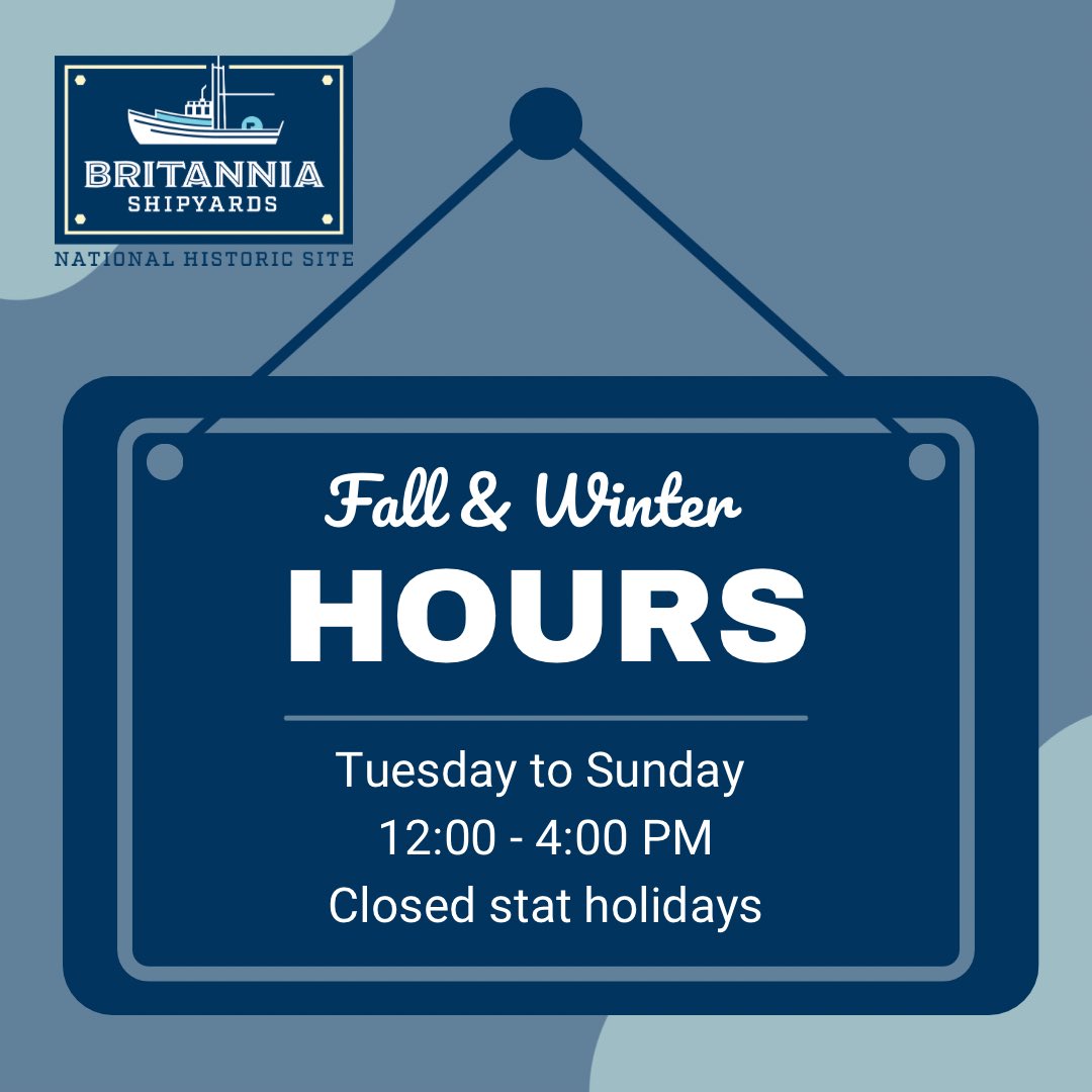 Fall/Winter hours begin September 5th🍂 Open Tuesday to Sunday 12-4pm. Closed on statutory holidays. Admission is free. #Steveston #BritanniaShipyards #NationalHistoricSite