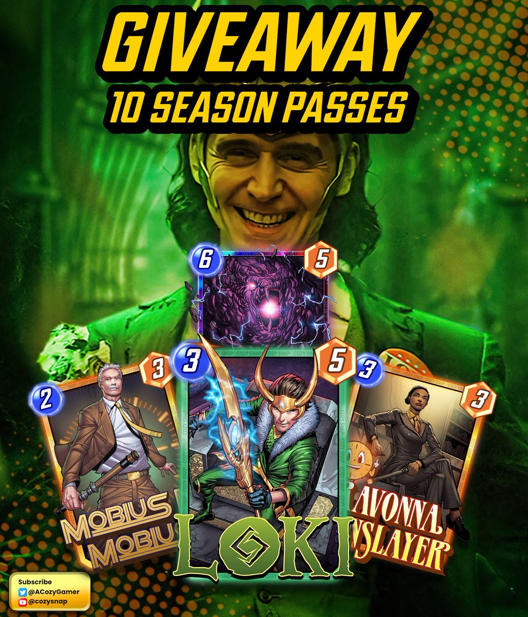 Loki Arrives TONIGHT in Snap 😈

I'm giving away 10 SEASON PASSES in exactly 24 hours (or sooner) from this post! 

To enter: 
🫡 1. Follow me here on Twitter
<a href="/ACozyGamer/">Cozy</a> 

💚 2. Like this tweet!

🌋3. Retweet this giveaway

Giveaway courtesy of @MarvelSnap