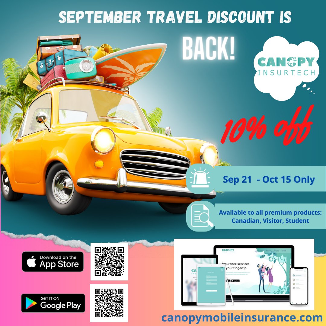 Excited to offer a 10% discount on all our insurance products at Canopy Insurtech (Sep 21 to Oct 15). Your peace of mind is vital to us. Whether it's an emergency medical coverage, multi-trip annual plan, car rental or more, we have you covered.
Travel smart and save with us🌍✈️