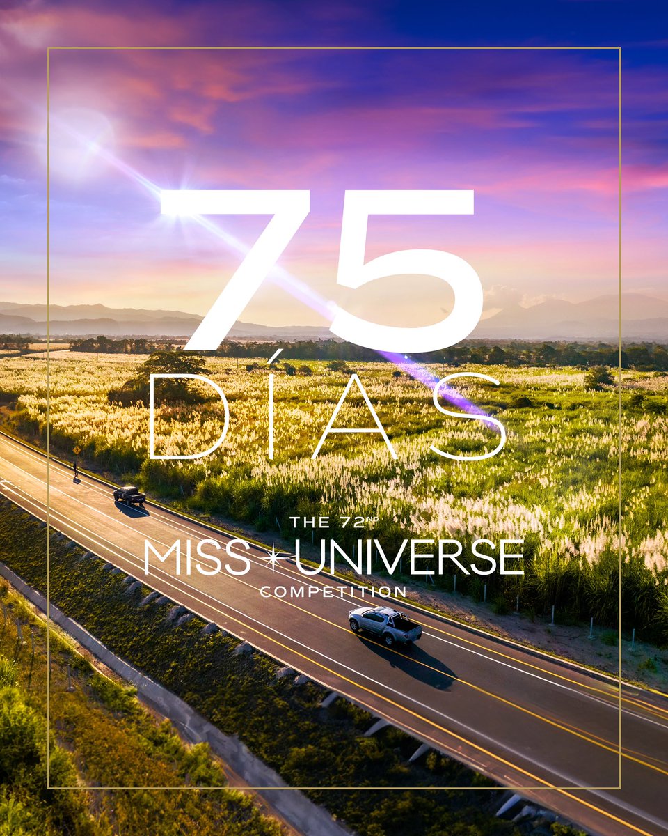 ¡Cielos de púrpura y de oro! ☀️💜

Estamos a 75 días de disfrutar la 72.ª edición de Miss Universo que hará palpitar los corazones a nivel mundial este 18 de noviembre de 2023, en El Salvador. 🇸🇻

El mundo contemplará lo impresionante que son los horizontes de nuestro país. 🌟