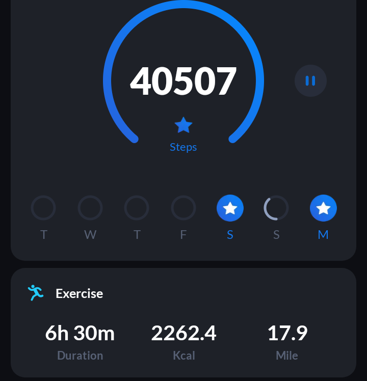 Hope everyone worked hard on Labor Day! 40,507 steps and 2,262.4 calories burned.