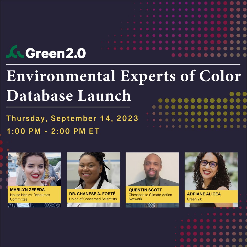 AzulDotOrg's tweet photo. The Green 2.0 Environmental #ExpertsofColor Database addresses a pressing issue … the lack of diversity in experts providing testimony in policymaking.
Join @DiverseGreen for the database launch on Thursday, September 14th at 1PM ET. Register 👉🏾 https://t.co/9XUBDQIykk https://t.co/FeXEQFCVam