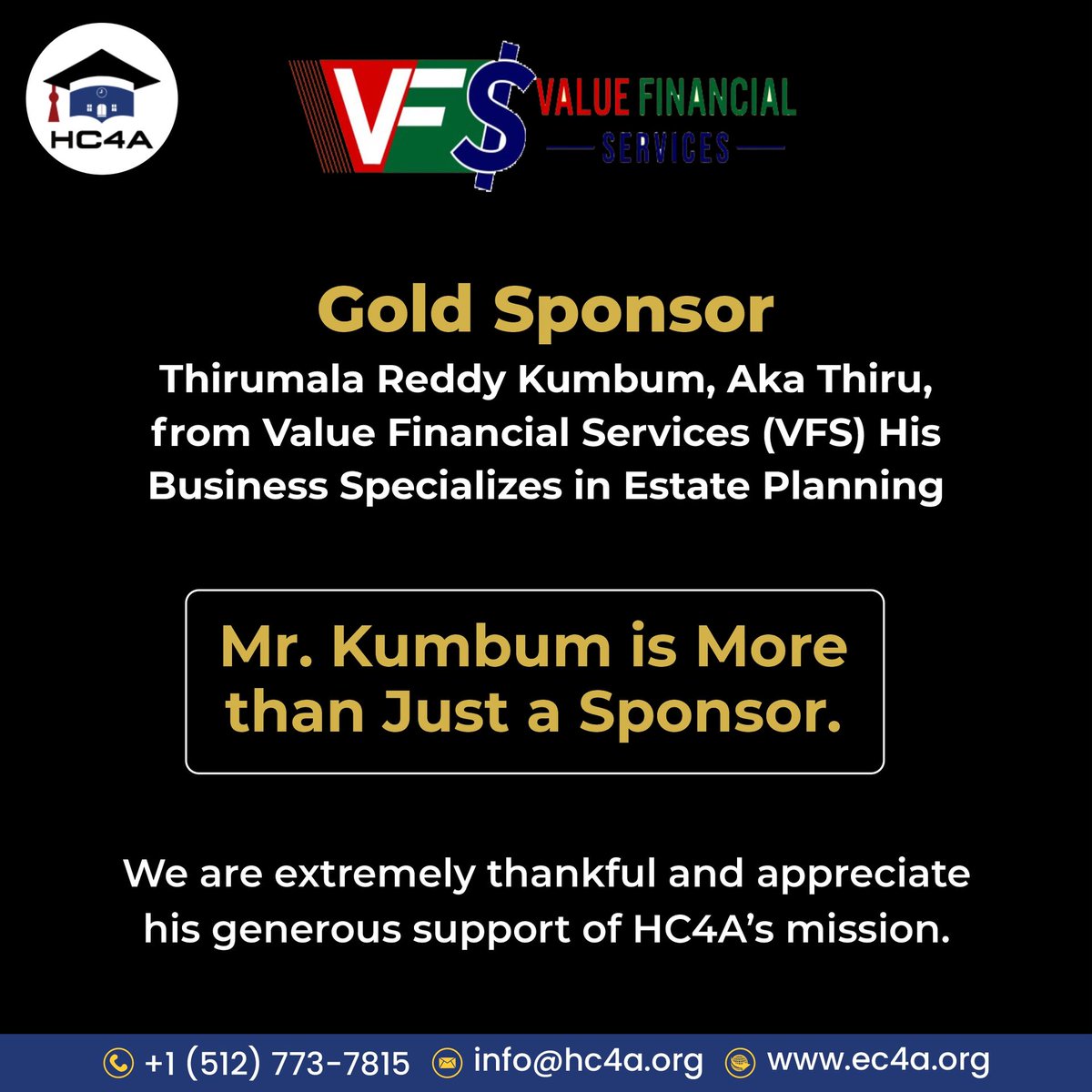 Thiru Reddy Kumbum - Our Gold Sponsor of HC4A’s 9th Gala.
We want to sincerely thank Thiru Reddy Kumbum for his invaluable help with our mission.

For tickets:   secure.givelively.org/event/hindu-ch…
For General donation:   secure.givelively.org/donate/hindu-c…
#galanight #america #hindu