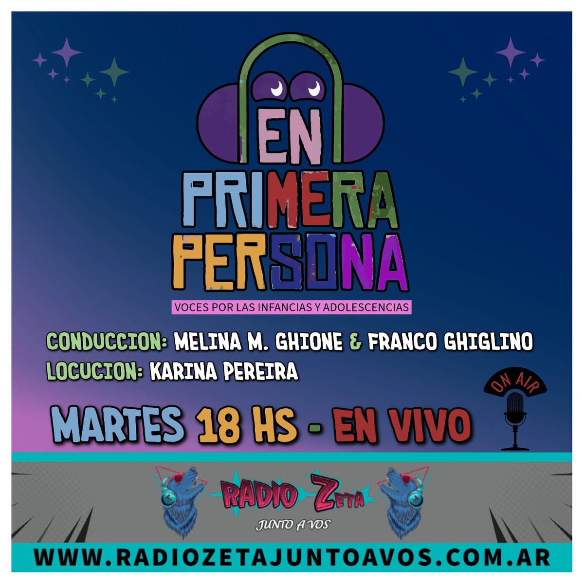 Martes 5 de septiembre arranca nuestro nuevo espacio radial : 

 "En Primera Persona"  las voces de las infancias y adolescencias. 

Ester camino vamos a transitarlo a  Franco Ghiglino y Kari Pereira en la locución ❤️

⏰️ Martes de 18 a 19.30 hs.

Súmante!